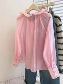 Leichte, transparente rosa Rüschen V-Ausschnitt Schleife Langarm elegante Bluse für Frauen, geeignet für Frühling/Sommer, Valentinstag - Pink - Übersicht 3