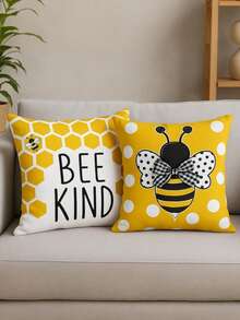 1PC Yellow Sunflower Bee Bow Digital Printed Linen Pillowcase, Living Room Sofa Cushion - Multicolor - View 2