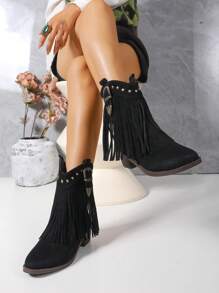 Women's Retro Western Ankle Boots - Solid Color, Pointed Toe, Thick Heel, Rivet & Tassel Decor, Slip-On, Comfortable, Suitable For All Seasons, Casual Style - Black - View 2