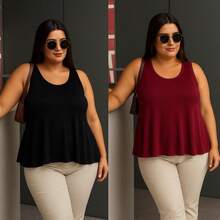 Kit 2 Plus Size Tank Tops G1 TO G3 Loose Wide - 勃根地紅+黑色 - 查看 1