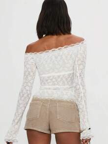 A High-Quality One-Shoulder Top With Lace Patterns, Suitable For Back-To-School Parties, Dates And Ladies' Christmas Outfits In Autumn/Winter - White - View 5