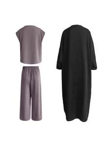 3 件套：女士优雅蝙蝠袖长袍 + 无袖上衣 + 宽松 3/4 裤，穆斯林迪拜时尚宽松无弹力面料，适合秋冬聚会、下午茶、派对 - 淡紫色 - 查看 4