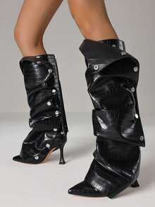 Winter Women Slouchy Boots Pointed Toe Stiletto High Heels Ruched Knee High Design Luxury Elegant Sexy Nightclub Detachable Shoes - màu đen - Xem 3