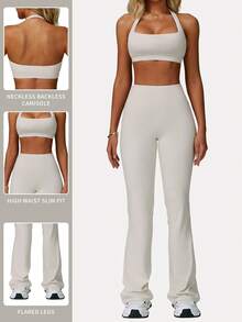 MFVIM 2 件套女式无袖露背吊带上衣和高腰喇叭裤健身服，夏季