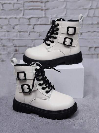 Giày bốt trẻ em mũi tròn mới, bốt cổ ngắn đế bằng phong cách retro cho bé gái, giày chống trượt, chống mài mòn cho trẻ lớn, bốt punk cho nữ sinh.