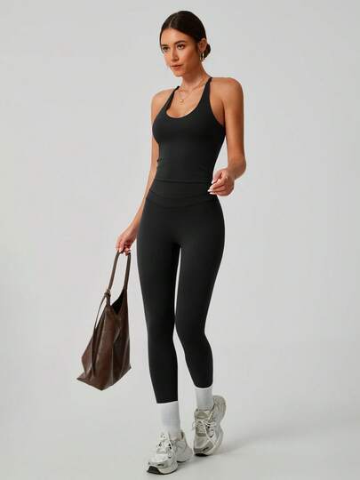 NcmRyu 1 Set Seamless Stretchy Criss-Cross Strap Solid Color Camisole & Leggings Activewear Set