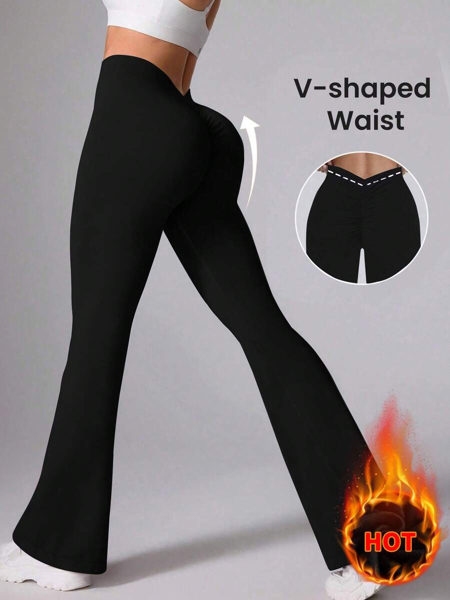 Speed mate Pantalon de yoga évasé pour femmes avec détails froncés - Leggings thermiques taille haute, pantalon d'entraînement anti-accroupissement pour l'hiver - Noir - Voir 1