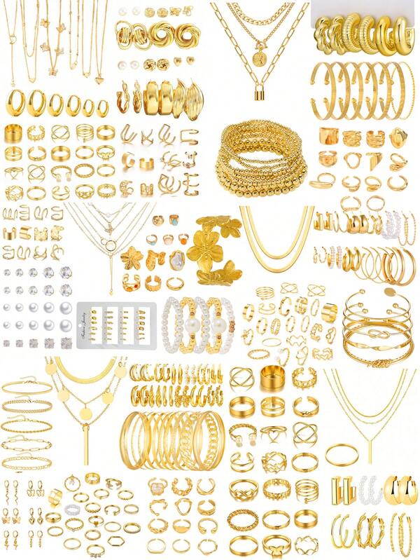 70/68/57/41/37/35pcs Chunky, Vintage, Boho, Elegant Style Flower, Geometric, Knot, Pearl, Gemstone, Portrait, Rhinestone, Bling Bling, Butterfly, Heart, Twist, Braided, Geometric Circle, Directional Lock Chain, Multi-Layer Tassel Pendant, Y-Shaped Necklace, Embossed Texture, Beaded, Elastic, Smooth Snake Bone Chain, Minimalist Plain Hoop, CCB Multi-Element Necklace + Earrings + Rings + Bracelet Jewelry Set, Fashion, Simple, Elegant, Exquisite, Retro Design, Suitable For Holiday, Party, Date, Gift, Daily Wear