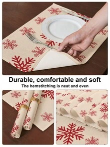 1/2/3/4/5 piezas Juego de camino de mesa y manteles individuales de lino, resistente al calor, resistente a las manchas, resistente a las arrugas, lavable a máquina, con diseño de copos de nieve, decoración navideña, adecuado para el hogar, restaurante, decoración de mesa de comedor, artículos para el hogar - Multicolor - Ver 8