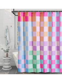 Multicolored Checkered Retro Fabric Shower Curtain For Bathroom, 66x72 Inch, Rainbow Colorful Modern Simple Groovy Funky Shower Curtain Set With Hooks, Aesthetic Bathroom Decor - 柔和多彩 - 查看 2