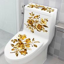 Golden Flower Toilet Stickers, Gold Floral Art Toilet Lid Decals Removable Self-Adhesive Vinyl Peel And Stick Wall Stickers For Bathroom Restroom WC Bathtubs Door Furniture Home Decoration Room Decor Bedroom Decor Kitchen Decor Wall Decor