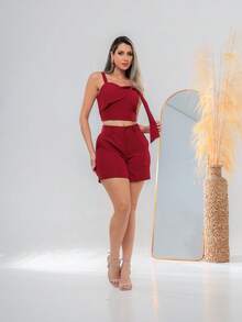 conjunto de cropped com shortes  elegante de tecido novo  C3171 - Vinho - Visão 6