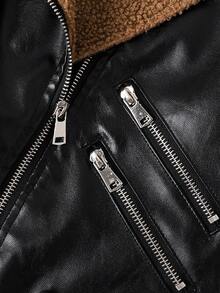 青少年男孩时尚街头摩托车 PU 皮革长袖翻领夹克，加厚保暖衬里外套，适合大童，秋冬