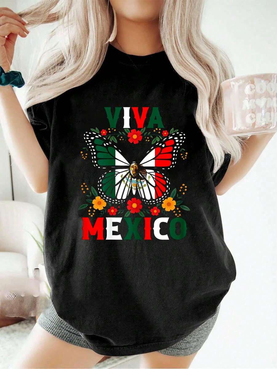 100% Algodón Viva México Camiseta de Bandera de Mariposa del Día de la Independencia de México para mujeres - Negro - Ver 1