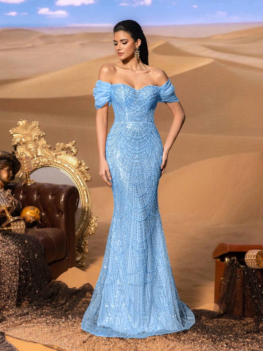 Faeriesty 优雅露肩亮片美人鱼晚礼服，拖地长裙摆——修身喇叭裙摆，精致的全身珠饰，适合红毯活动、奢华婚礼和正式晚宴派对。