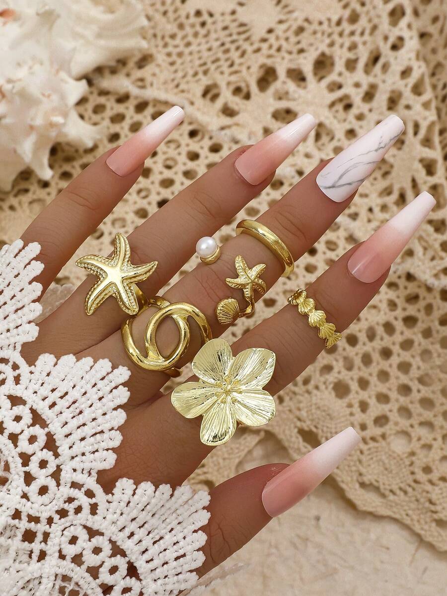 Bộ 6 nhẫn vỏ sò và ngọc trai giả phong cách kỳ nghỉ đại dương, nhẫn hở hoa kim loại dành cho nữ - Vàng - Xem 1