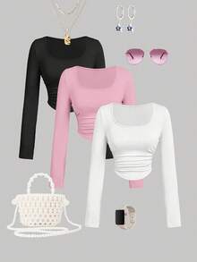 Set de 3 camisetas de manga larga con cuello redondo y fruncido de unicolor casual para niñas