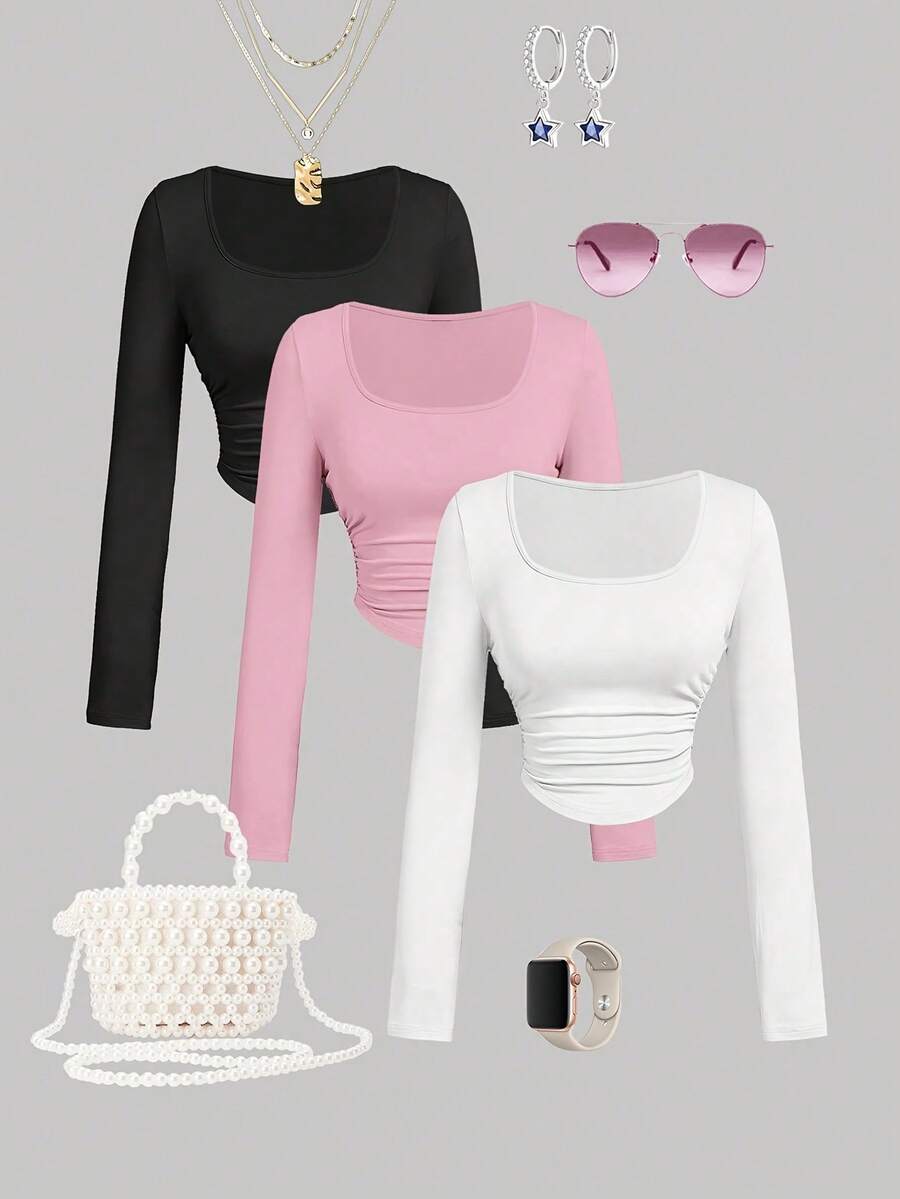 Set de 3 camisetas de manga larga con cuello redondo y fruncido de unicolor casual para niñas