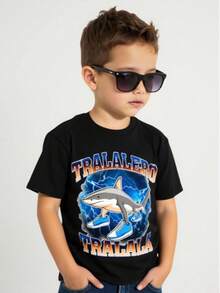 Camiseta para niños de 3 a 12 años de 100% algodón Manga Corta y Cuello Redondo Muy Suave y Cómoda con diseños divertidos Estampado de Brainrot  con la leyenda "Tralalero Tralala" Playeras cómodas Glorbo Fruttodillo - Negro - Ver 3