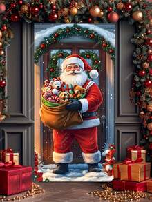 1pc Christmas Santa Claus & Rabbit Snowy Landscape Polyester Door Banner, Holiday Hanging Decor, Suitable For Christmas New Year Home/Shop Door Wall Decoration - Multicolor - View 2