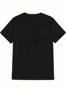 Camiseta negra de mujer, 100% algodón, con estampado gráfico TEAM, camiseta de manga corta con cuello redondo casual y cómoda, ropa de primavera y verano, adecuada para cualquier ocasión, color sólido, casual, uso diario. - Negro - Ver 2