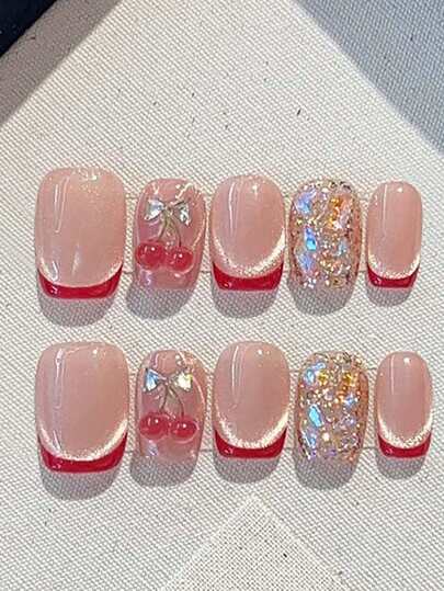 Upgrade Your Style, Handmade Press-On Nail Set Short Square French Heart Minimalist Jelly Pink Manicure Set, Long Nails Suitable For Parties, Weddings Or Daily Wear, Comes With 2 Jelly Gel Pieces And 1 Buffer Nail Supplies