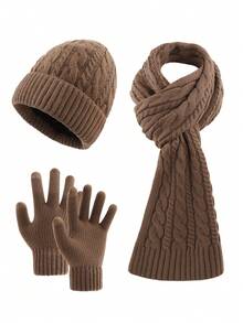 3pcs Men's Fashion Simple Solid & Striped Knit Jacquard Beanie, Scarf And Gloves Set, Soft Thermal Lined Warm Accessories For Autumn/Winter Outdoor, Casual, Travel Winter Warm