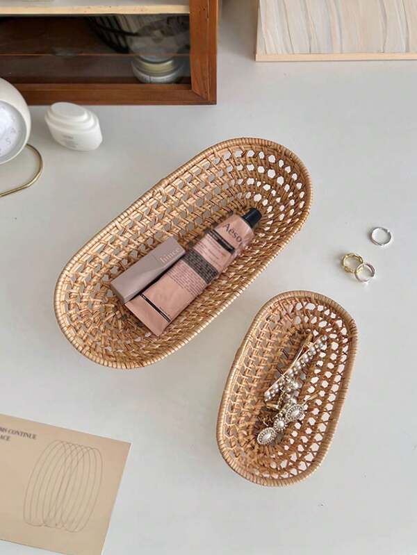 سلة تخزين مصنوعة يدويًا من الخوص، صينية تخزين أدوات المنزل، صينية مجوهرات، سلة فاكهة، سلة إفطار، صينية خبز، سلة تخزين وجبات خفيفة مصنوعة من الخيزران المنسوج، سلة تخزين أدوات المائدة، صينية عرض