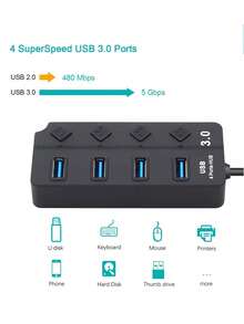 4-Port & 7-Port USB Hub Extenders – USB 3.0/2.0 Multi-Port Adapter With On/Off Switch, LED Indicator Lights & Portable Design | 7-In-1 USB Splitter For Laptops, Computers, Phones & Devices | Compatible With Flash Drives, Mice, Keyboards, Card Readers, Gaming Devices, HDDs, Printers, Cameras & More USB Peripherals | OTG-Enabled For Easy Connectivity - màu đen - Xem 3