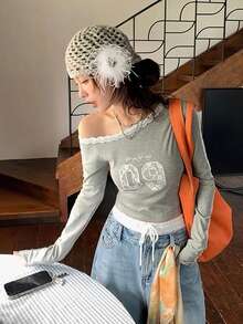 Lace Trim Letter Oblique Shoulder Long Sleeve T-Shirt, Slim Fit Sexy Ladies Top, Early Autumn
