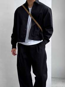 男士纯色短款工装长袖衬衫式外套，复古宽松休闲衬衫领外套，春季款