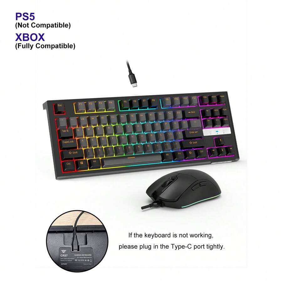 Bfairy CR87 RGB Gaming Keyboard & Mouse Combo -87 Key Hot-Swappable Mechanical, Linear Red Switches (45g), 7200 Mouse, Anti-Ghosting, Plug & Play For PC (Black Grey) - 87 Keys KM - View 1