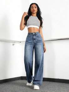 XIANGHE Pantalones vaqueros para mujer de pierna ancha y ajuste holgado con bolsillos para uso diario - Azul lavado oscuro - Ver 3