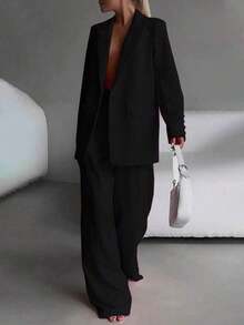 Elegant Business Casual Two-Piece Suit, Single Button Lapel Suit Jacket And Slim Fit Pants, Women's Clothing - màu đen - Xem 3