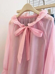 Leichte, transparente rosa Rüschen V-Ausschnitt Schleife Langarm elegante Bluse für Frauen, geeignet für Frühling/Sommer, Valentinstag - Pink - Übersicht 8