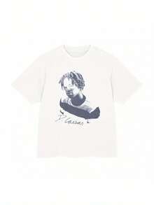 Daniel Caesar Heavyweight Graphic T-Shirt White Artistic Portrait Signature Print Unisex Loose Fit Streetwear Casual All-Season Comfort Tee Comfortable Clothing Relaxed Fit Shirt Durable Fabric T-Shirt Stylish Men Size S-3XL - 黑色 - 查看 1