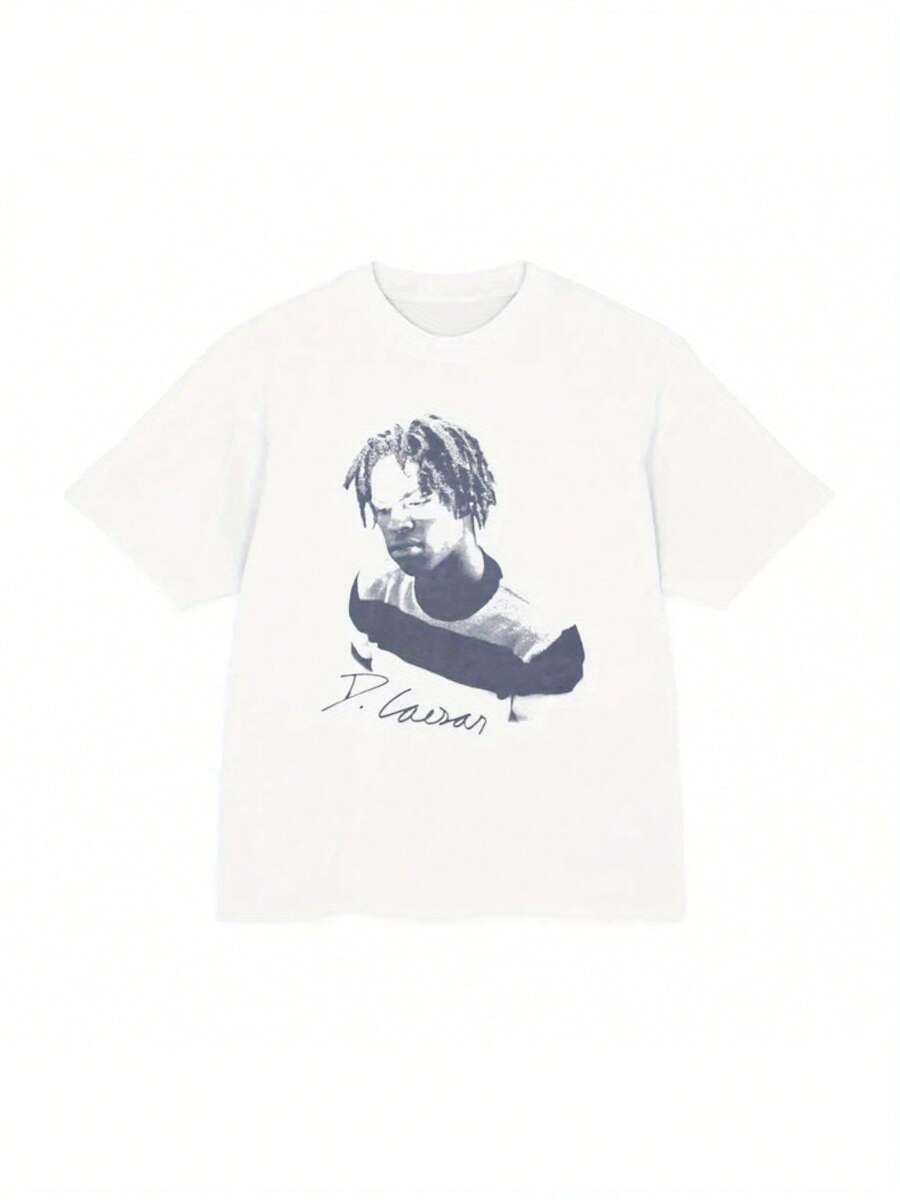 Daniel Caesar Heavyweight Graphic T-Shirt White Artistic Portrait Signature Print Unisex Loose Fit Streetwear Casual All-Season Comfort Tee Comfortable Clothing Relaxed Fit Shirt Durable Fabric T-Shirt Stylish Men Size S-3XL - 黑色 - 查看 1