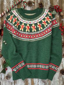 Lime Green Christmas Autumn And Winter Fashion Elegant Casual Women's Autumn And Winter Tops Autumn And Winter Women's Dark Green Gingerbread Man Geometric Pattern Patchwork Autumn And Winter Fashion Comfortable Casual Simple Home Commuter Design Round Neck Decorative Long Sleeve Women's Knitted Pullover Tops Sweater