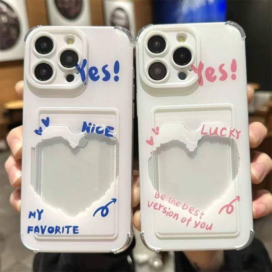 Funda de Teléfono con Soporte para Tarjeta de Foto Simple Inglés Compatible con iPhone16 16pro 16promax 15pro 15promax14 14promax 13 12 11 XSMAX XR Caricatura Linda Antigolpes Protectora - transparente - Ver 1