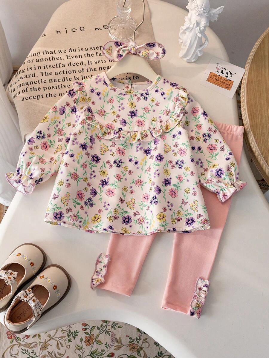 3pcs Baby Girls' Spring/Autumn Long Sleeve Outfit Set, Fashionable Princess Dress, Pants And Headband