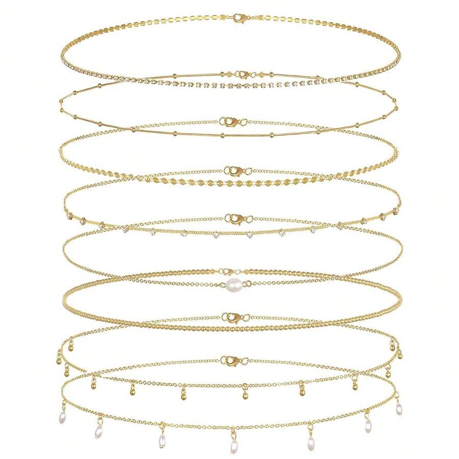 Tornito 8Pcs Waist Belly Chain 18K Gold Plated CZ Heart Pearl Snake Bead Sequin Paperclip Belly Chain Summer Beach Sexy Body Chains Jewelry Accessories For Women Adjustable-478326 - B:8顆珠子 - 查看 1