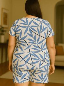 Plus Size Printed Long Sleeve Blouse + Shorts Set With Elastic Waist Perfect For Everyday GG Vete Is 50 - Nhiều màu - Xem 3