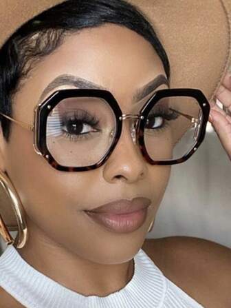 Fashionable Women/Men Oversized Oval Clear Lens Glasses With Hollow Metal Frame, New Polygon Design Unisex Optical Glasses