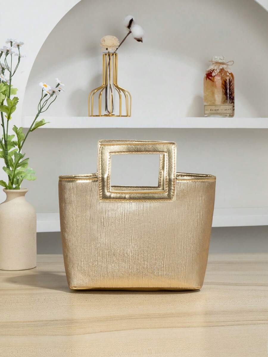 新款欧式金色手提包，轻盈奢华褶皱PU晚宴包，旅行包，时尚便携收纳包，简约托特包，迷你托特包，婚礼派对最佳搭配，完美适合女性、女孩、学生、旅行、度假、海滩、假日、送礼 - 金色 - 查看 1