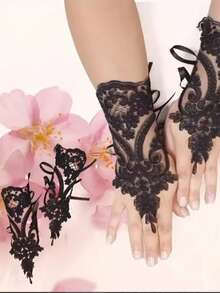1pc Elegant Black Lace Fingerless Women's Gloves - Soft And Skin-Friendly, Intricate Floral Design, Elastic Polyester - Perfect For Bride Weddings, Parties And Dances, Wedding Accessories