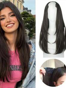 22 Inch/55cm Invisible V-Shaped Long Straight Wig For Women, With Long Curly Hair Extension Piece, Built-In Clips For Natural Looking Hair Integration - Black-brown - View 13