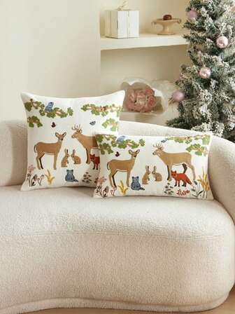 1 件圣诞鹿和松树彩色刺绣抱枕套，家居装饰适合沙发、卧室、派对和各种环境，秋冬季