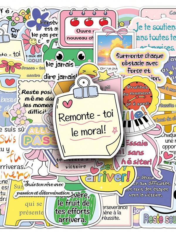 50pcs French Inspirational Lettering Stickers, Original Positive Energy Phrases Decorative Stickers For Cups