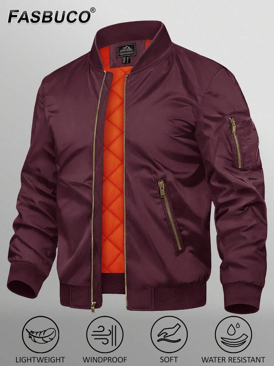 KEFITEVD Men's Spring/Spring/Winter Casual Jacket Polyester Fabric Soft, Lightweight, Comfortable, Windproof And Waterproof Material Multifunctional Zip Pockets Knitted Ribbed Cuffs On Sleeves And Hem Zipper Closure With Open Flap Outdoor Running Baseball Climbing Hiking Training Fishing Camping Travel Daily Work Casual Jacket - 酒紅色 - 查看 1