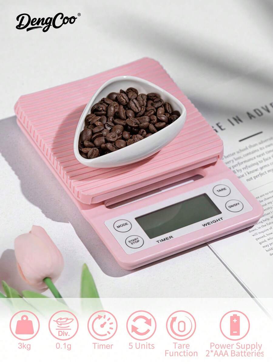 Dengcoo 1 件粉色咖啡秤带计时器 LCD 背光显示屏高精度厨房食品电子秤带去皮功能最大承重 6.6LB/3KG 0.1g 精度传感器(不含电池)适用于测量咖啡豆和茶的重量 - 電子秤 - 查看 1